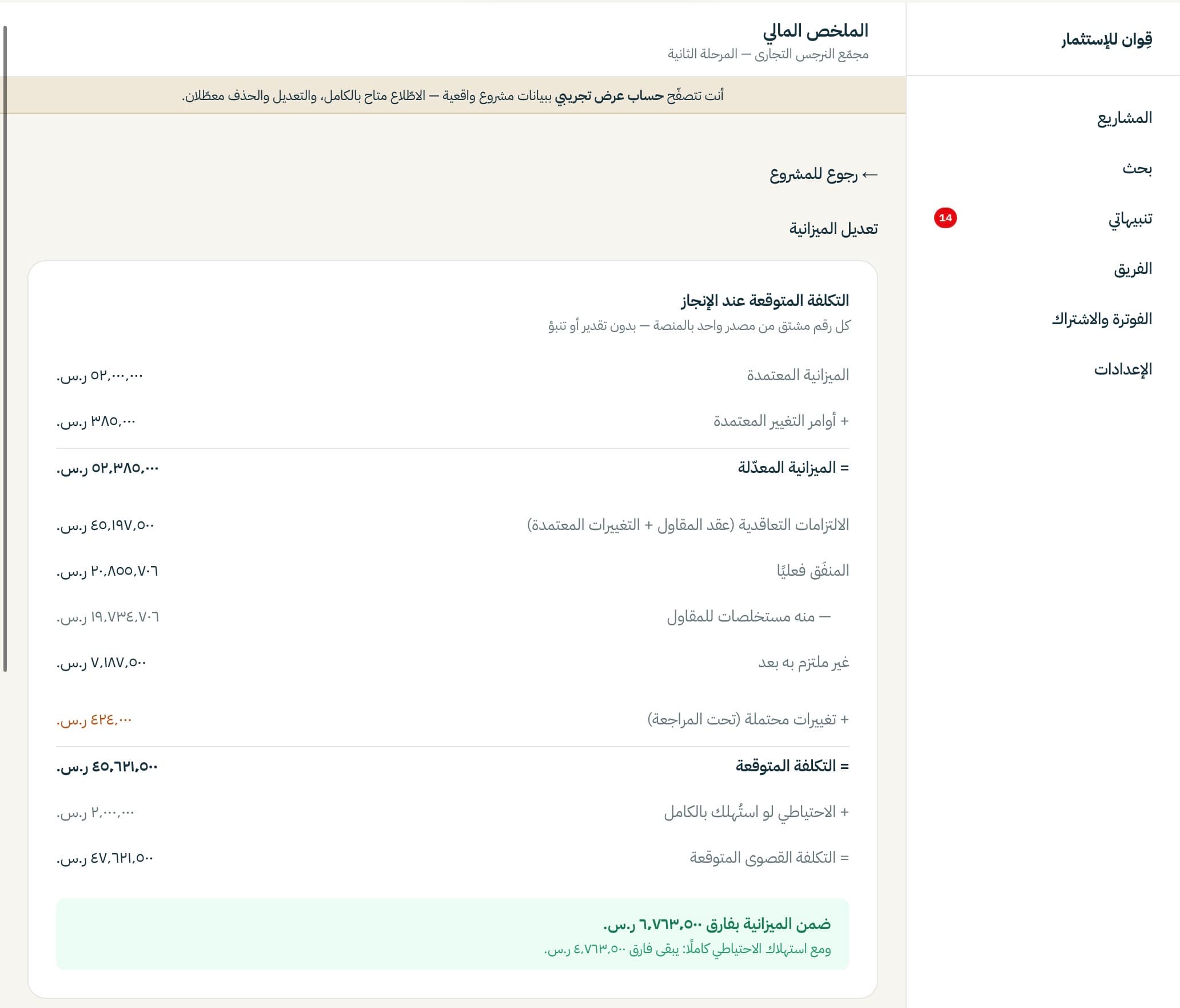 التكلفة المتوقعة عند الإنجاز سطرًا سطرًا من الميزانية المعتمدة إلى التكلفة القصوى